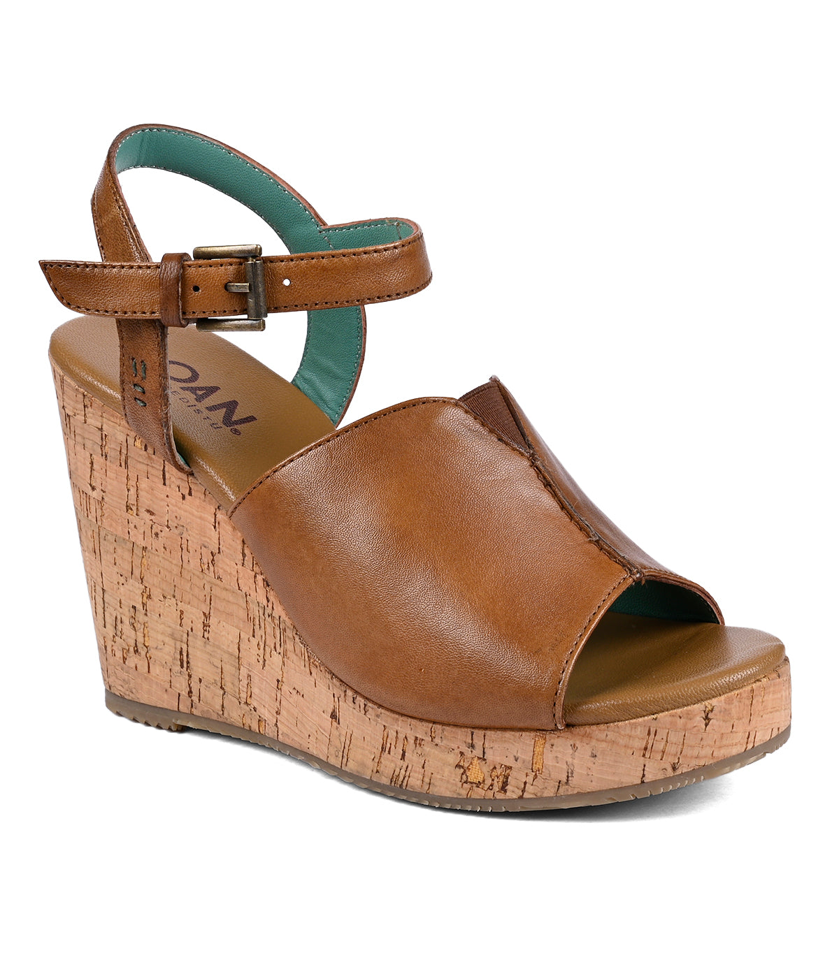 
                  
                    Roan Deduction brown full-grain leather wedge sandal with a cork heel and an ankle strap.
                  
                