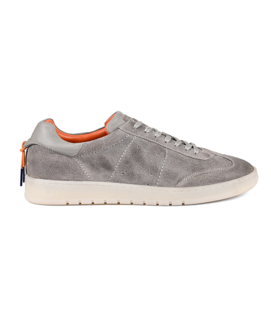 Grey soft suede leather Attitude sneaker with orange lining and a white sole by Roan.
