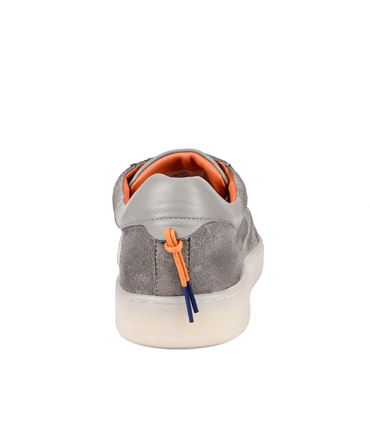 
                  
                    Rear view of a gray Roan sneaker with orange lining, blue lace detail, and a real rubber outsole.
                  
                