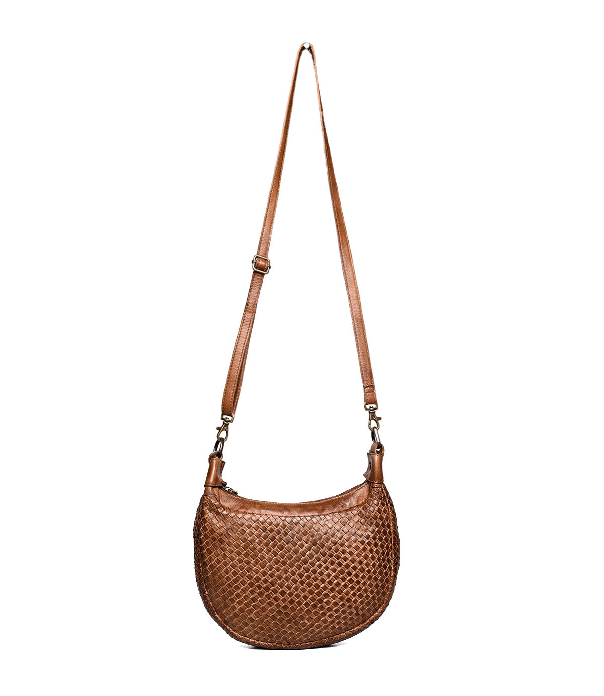 
                  
                    The Roan Agenda is a brown woven lambskin leather crossbody clutch with an adjustable strap, shown against a plain white background.
                  
                