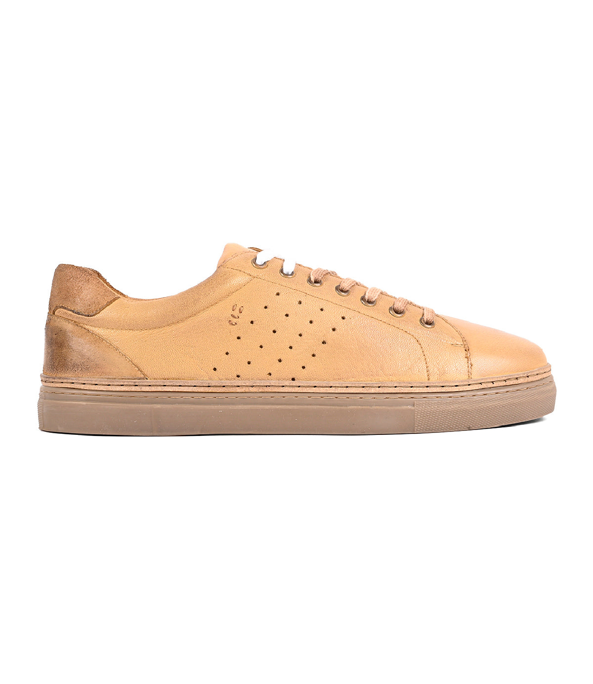 The Roan Albright sneaker is shown in a side view, featuring tan leather, matching laces, a perforated side design, and a light brown rubber sole for versatile style that complements any outfit.