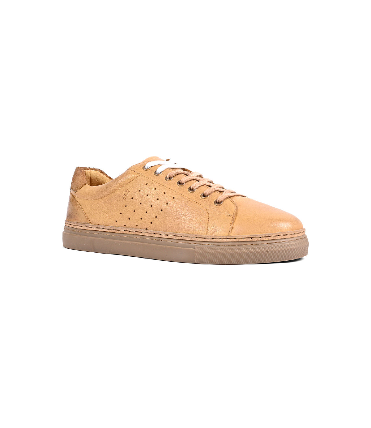 The Roan Albright is a tan leather sneaker with perforated sides, beige rubber sole, and tan laces, shown against a white background.