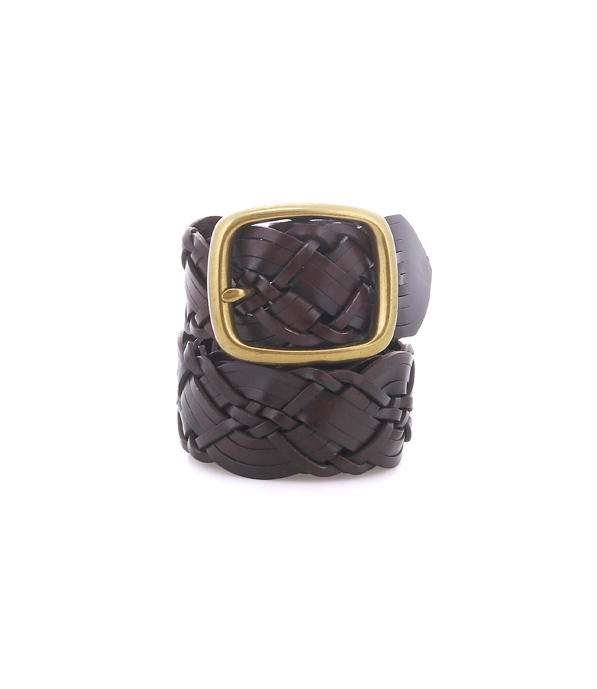 
                  
                    The Alder belt by Roan is a dark brown braided leather accessory featuring a square, gold-colored buckle, shown coiled upright on a white background.
                  
                