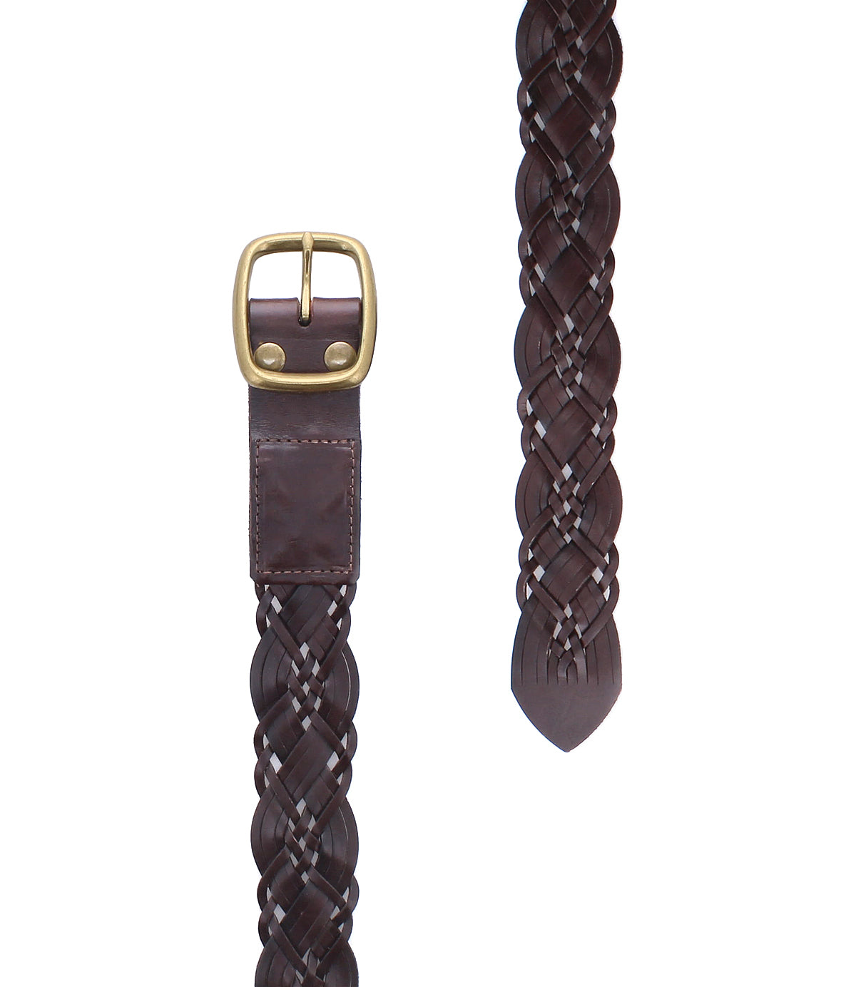 
                  
                    Introducing the Alder belt by Roan: a brown braided leather waist belt featuring a rounded metal buckle. Displayed from both front and side angles, it highlights the Alder’s intricate woven design and pointed tip.
                  
                