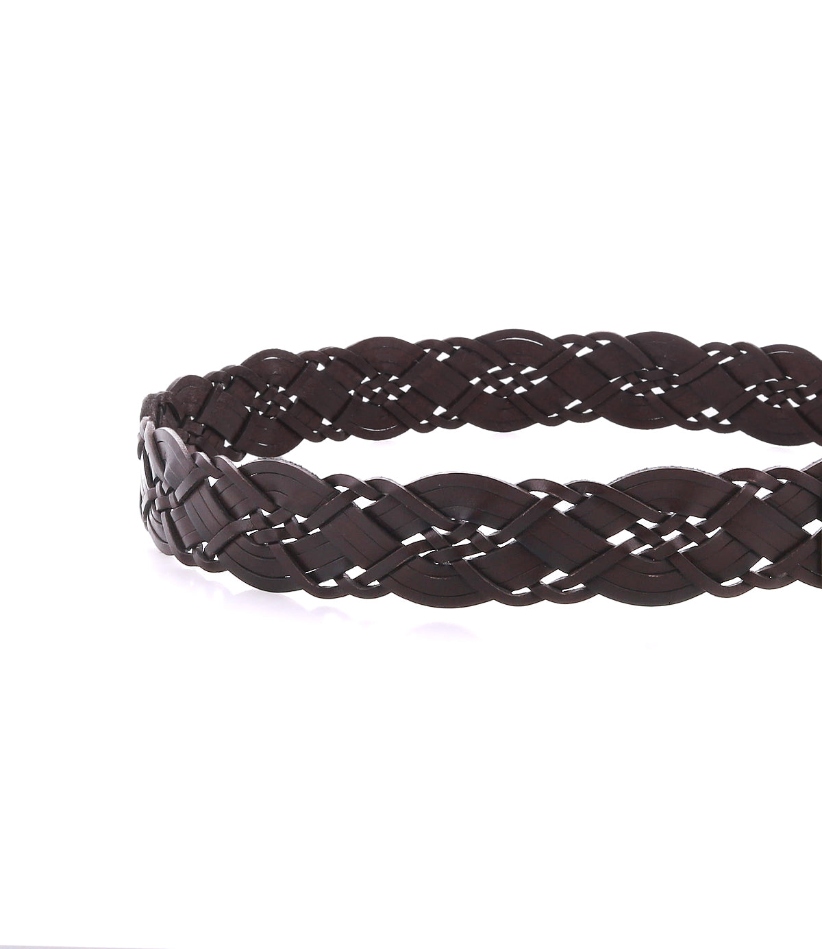 
                  
                    A close-up of the Roan Alder dark brown braided leather belt, featuring a rounded metal buckle, is shown coiled on a white background.
                  
                