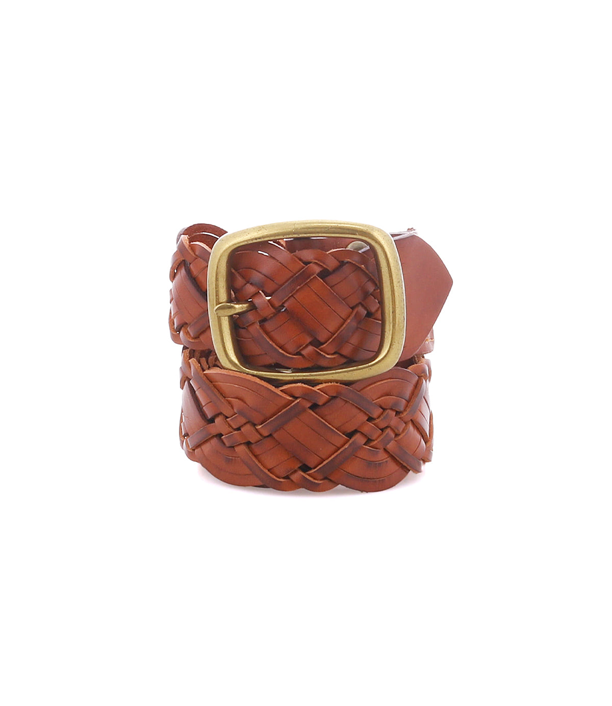 The Roan Alder belt, featuring brown braided leather and a square gold buckle, is coiled neatly against a white background, highlighting the classic charm of this textured waist accessory.