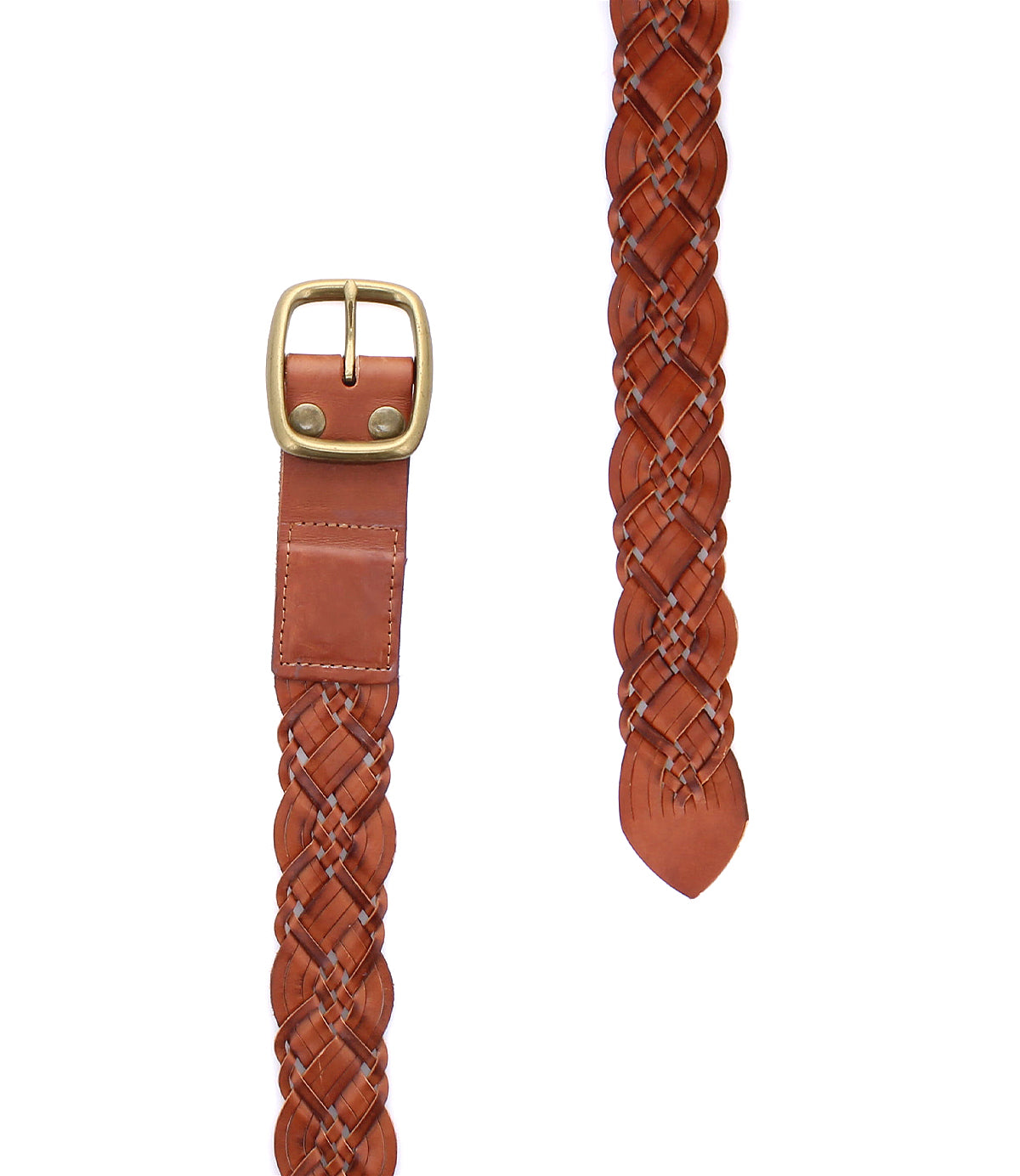 
                  
                    Roan’s Alder belt features textured brown braided leather and a rounded metal buckle, elegantly displayed to show both the buckle end and pointed tip against a white background. This waist belt embodies classic craftsmanship and timeless style.
                  
                