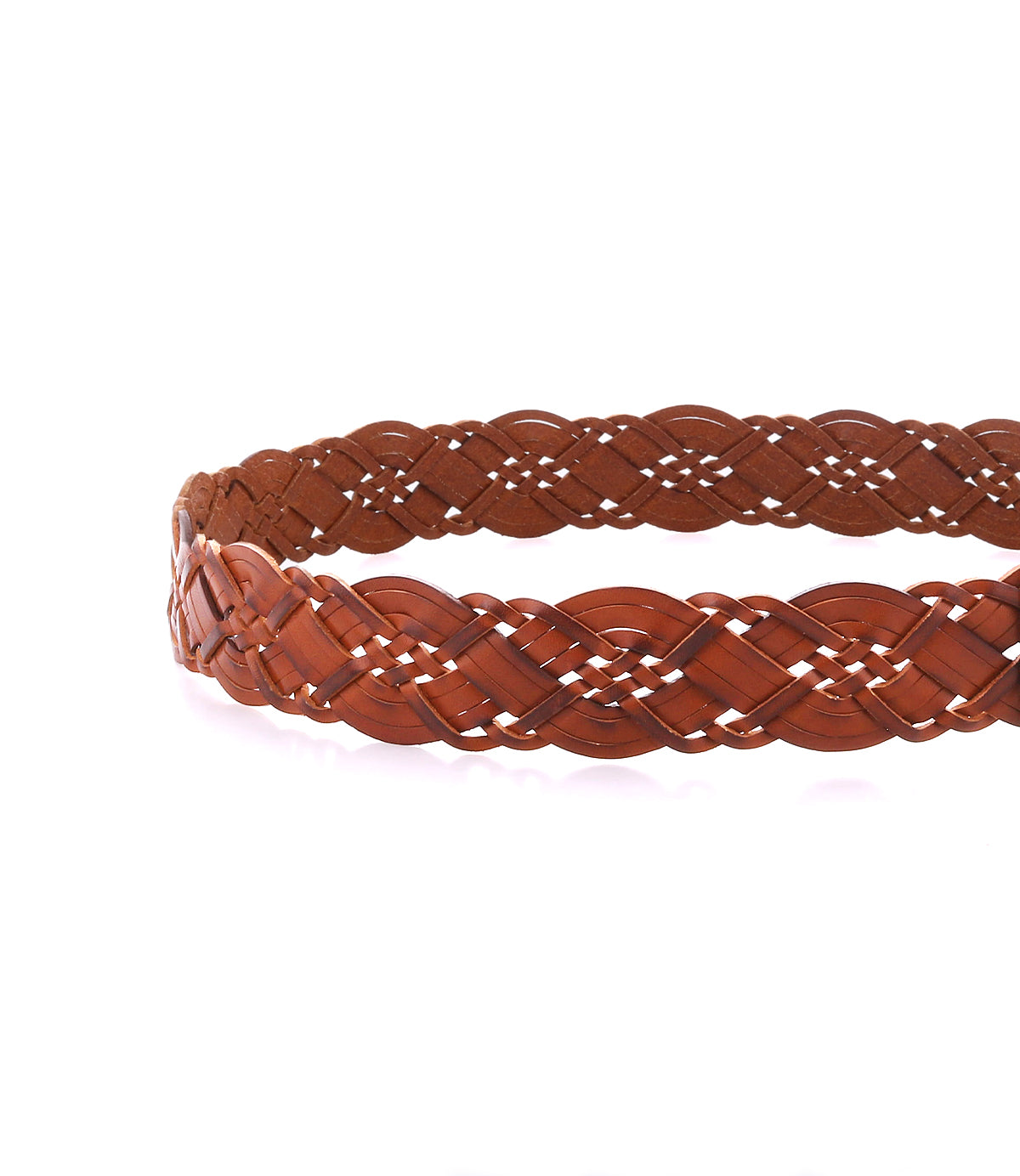 
                  
                    The Roan Alder belt, featuring brown braided leather and a rounded metal buckle, is displayed on a white background.
                  
                