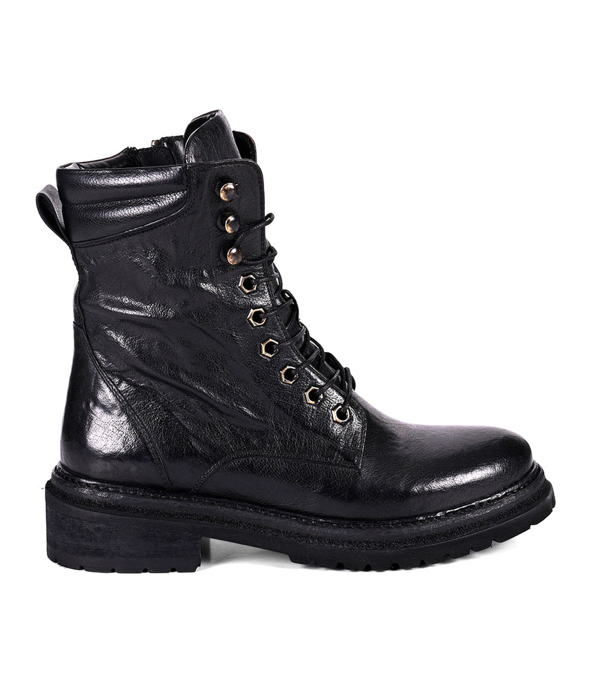
                  
                    Women's black leather hiker boot, profile angle
                  
                
