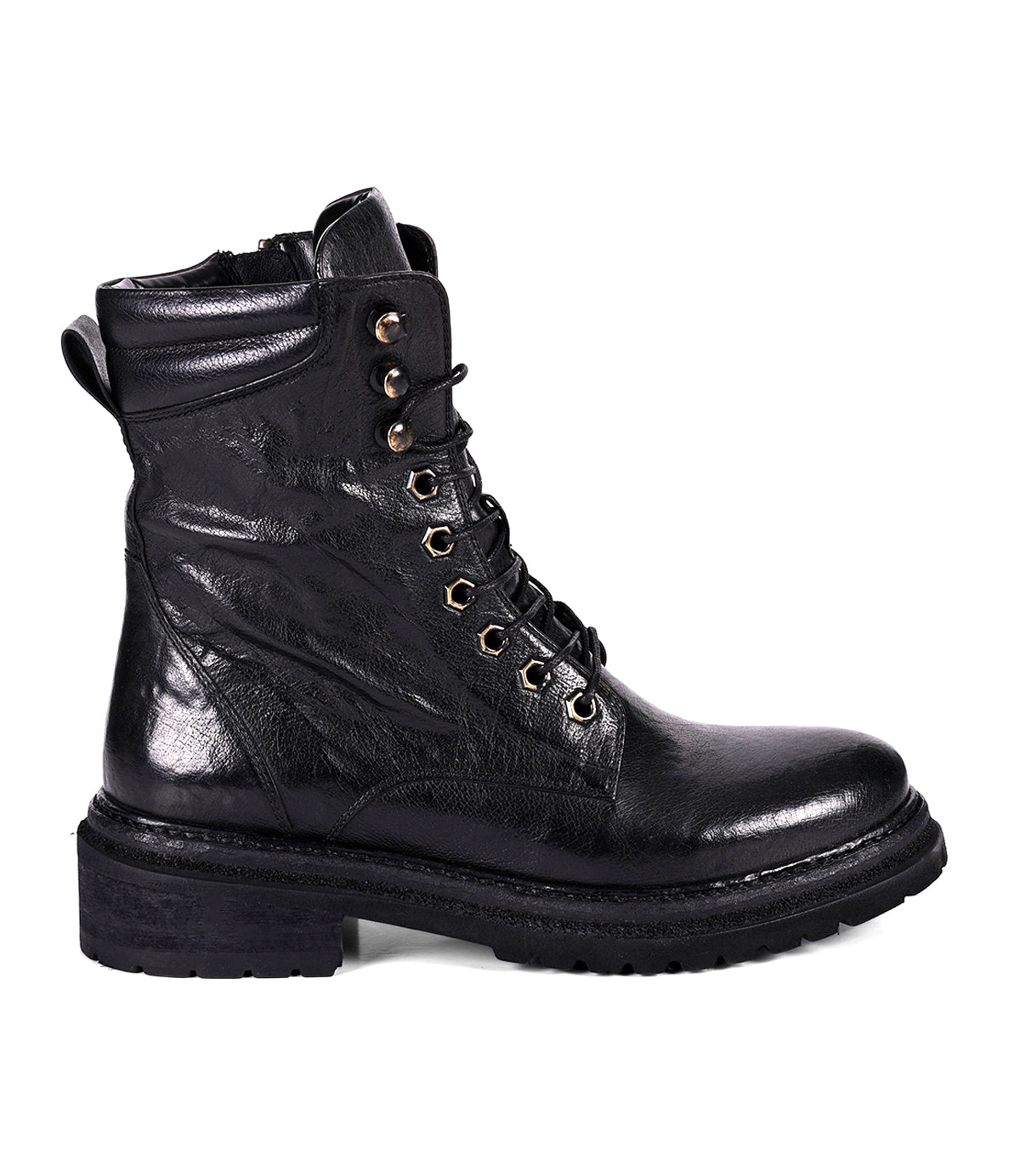 
                  
                    Women's black leather hiker boot, profile angle
                  
                