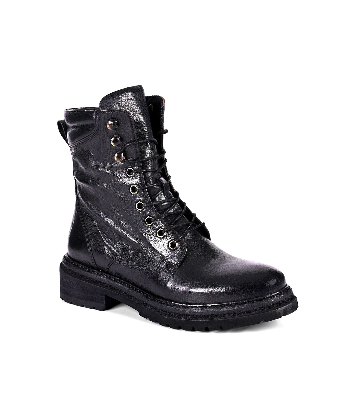 
                  
                    Women's black leather hiker boot, profile slight angle
                  
                