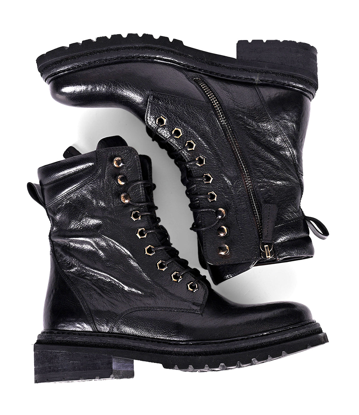 
                  
                    Two women's black leather hiker boots side by side
                  
                