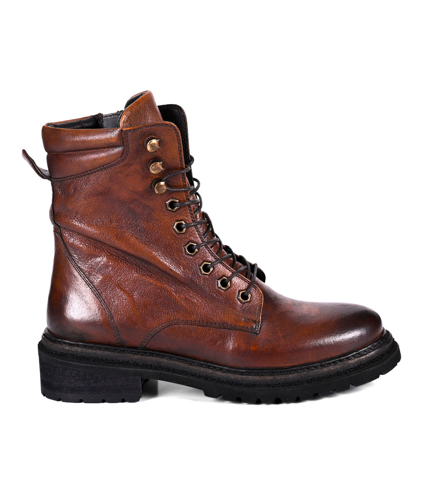 Women's brown leather hiker boot, profile angle