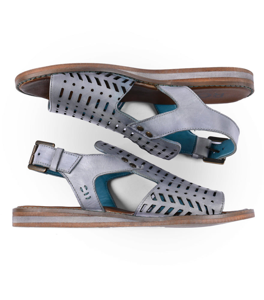 
                  
                    A pair of Ballad II sandals from Roan in grey full-grain leather with a perforated design and adjustable ankle closure, viewed from above on a white background.
                  
                
