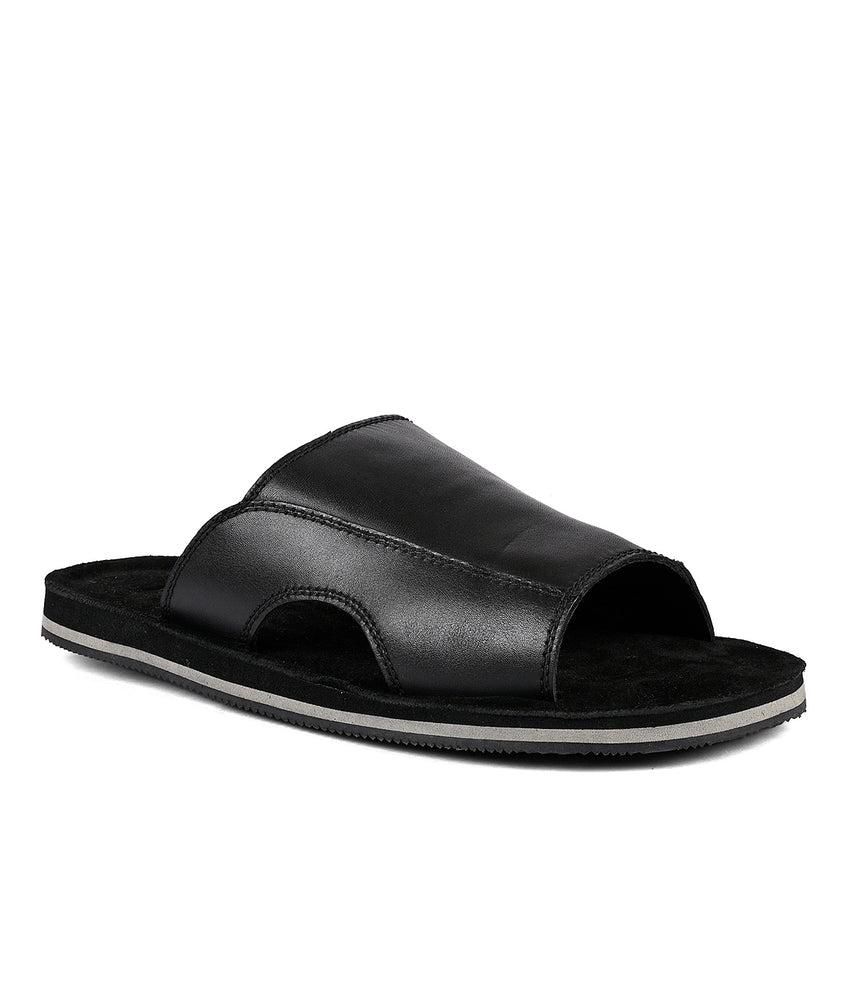 Black full-grain leather Roan slide sandal with a flat sole.