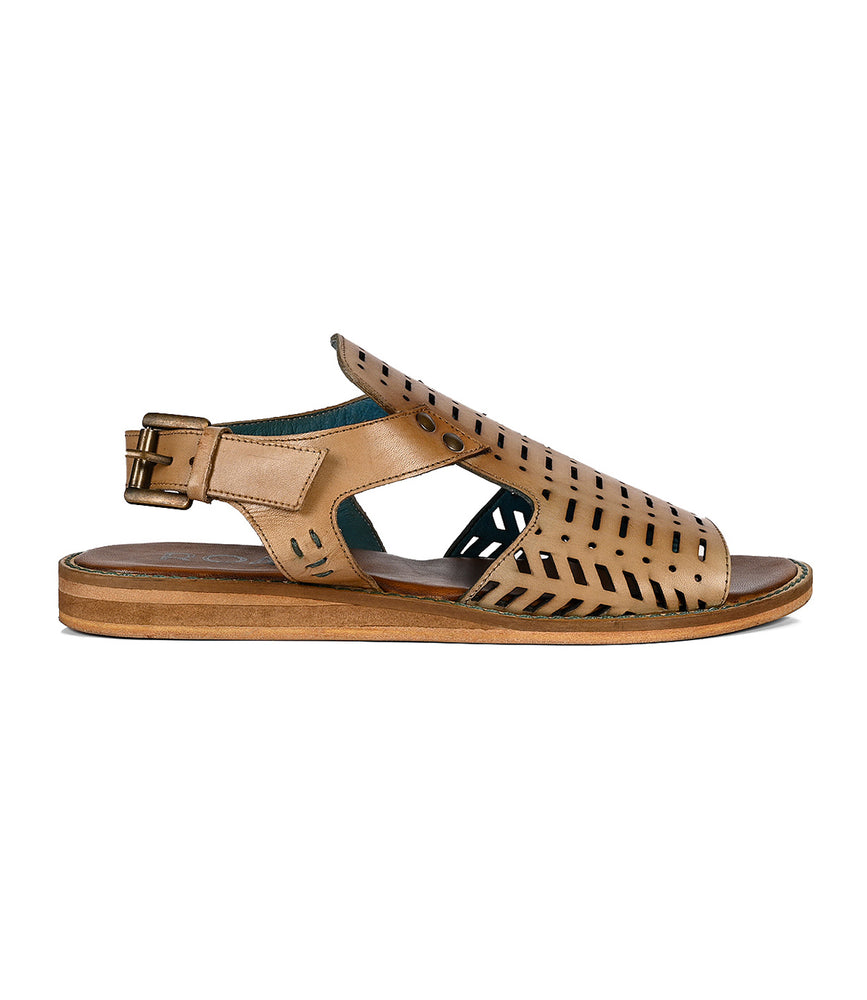 Ballad II sandals by Roan featuring laser-cut outs and a full-grain leather construction.