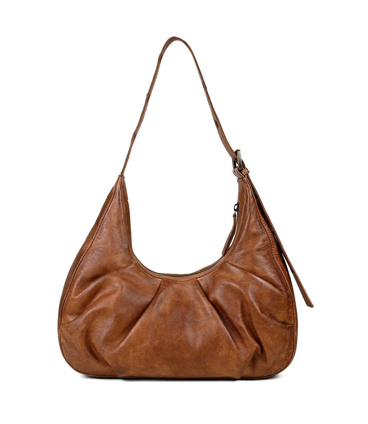 The "Behalf" bag by Roan features brown leather in a crescent silhouette with a single strap, slouchy ruched design, and a visible side zipper closure.