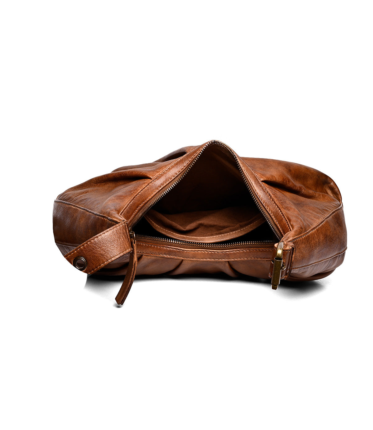 
                  
                    The Roan Behalf bag in brown features a crescent silhouette, an open main zipper showing its spacious lined interior, and an adjustable buckle strap for versatile styling.
                  
                