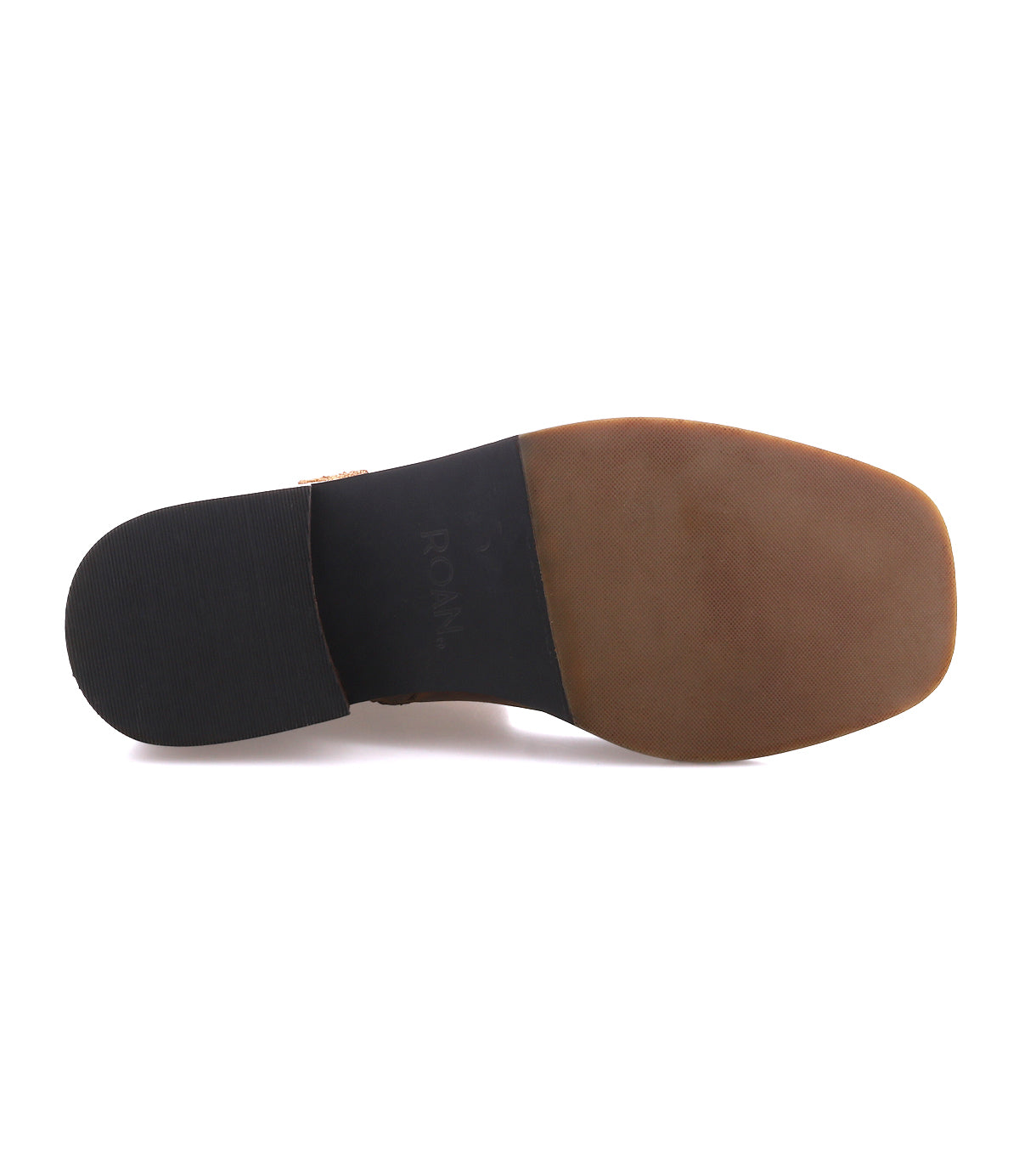 
                  
                    The underside of Roan’s Bonsai brown full-grain leather dress shoe with a square toe, featuring a smooth sole and a textured heel.
                  
                
