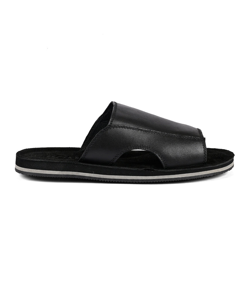 
                  
                    Black full-grain leather Roan slide sandal against a white background.
                  
                