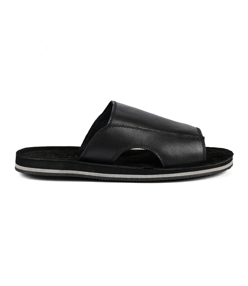 Black full-grain leather Roan slide sandal against a white background.