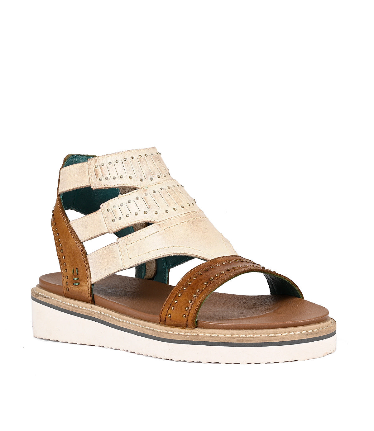 Women's Roan Carlita II multi-textured strappy wedge sandal in full-grain leather on a white background.