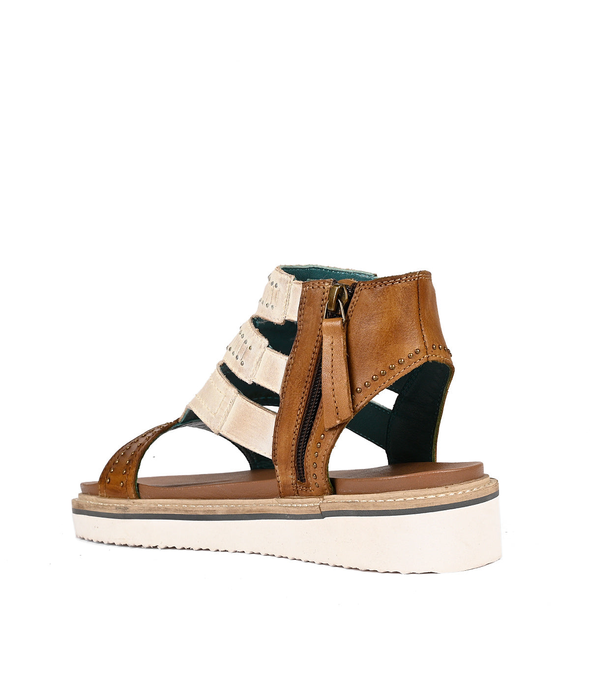 
                  
                    Side view of a multicolored full-grain leather Carlita II strappy sandal with a lightweight platform outsole by Roan.
                  
                