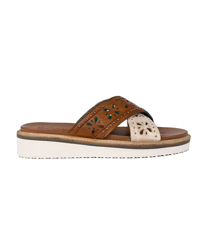 Brown and beige Chant leather women's sandal with decorative perforations and cushioned footbed on a white background.