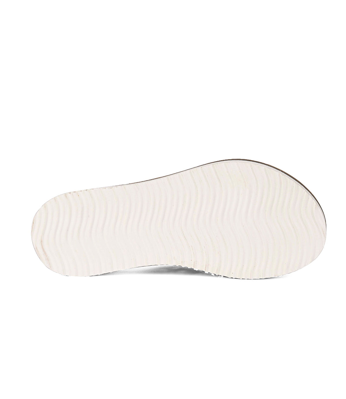
                  
                    White rubber shoe sole with a textured pattern and leather cross straps on a white background by Roan Chant.
                  
                
