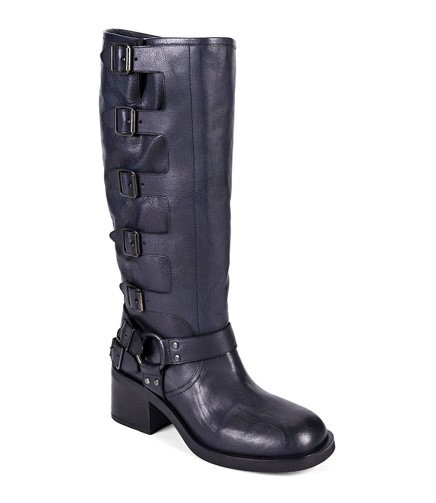 
                  
                    Women's tall black leather boot with side buckles, profile view
                  
                