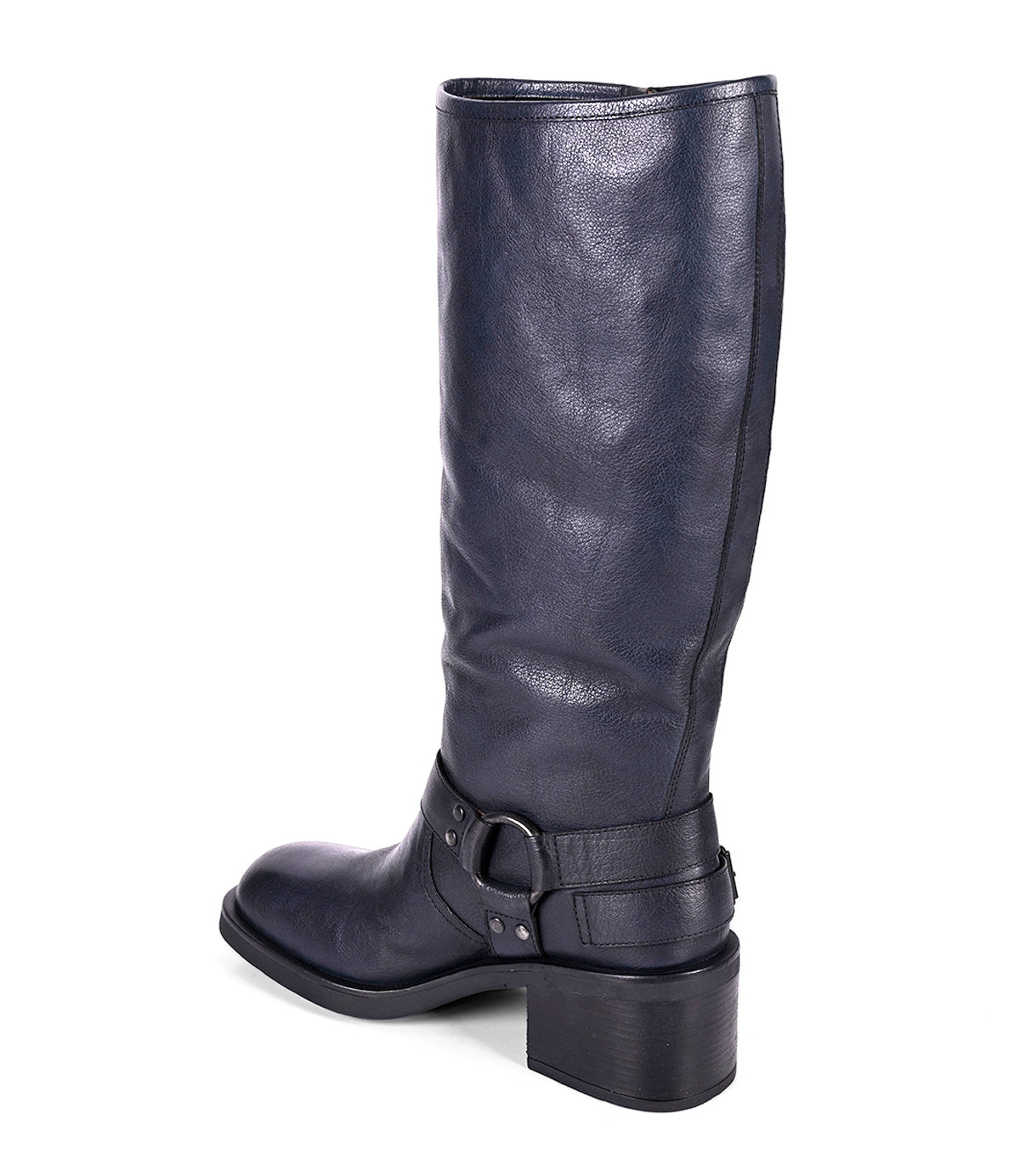 
                  
                    Women's tall black leather boot with side buckles, back view
                  
                