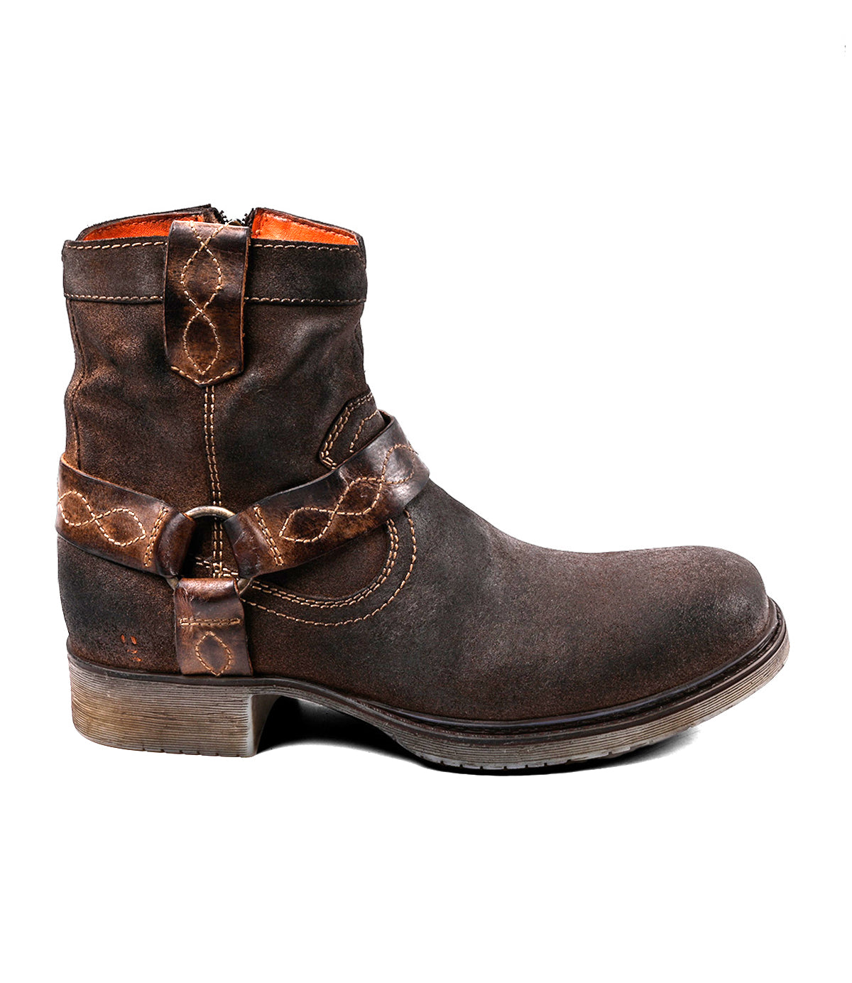 The Roan Colton V is a brown harness strap boot with decorative straps, metal ring accents, visible stitching, and a low wooden heel, displayed from the side against a white background.