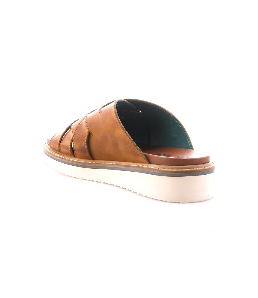 
                  
                    The Roan Cottage is a brown leather slip-on sandal featuring cushioned leather straps and a white sole, shown from the back on a white background.
                  
                