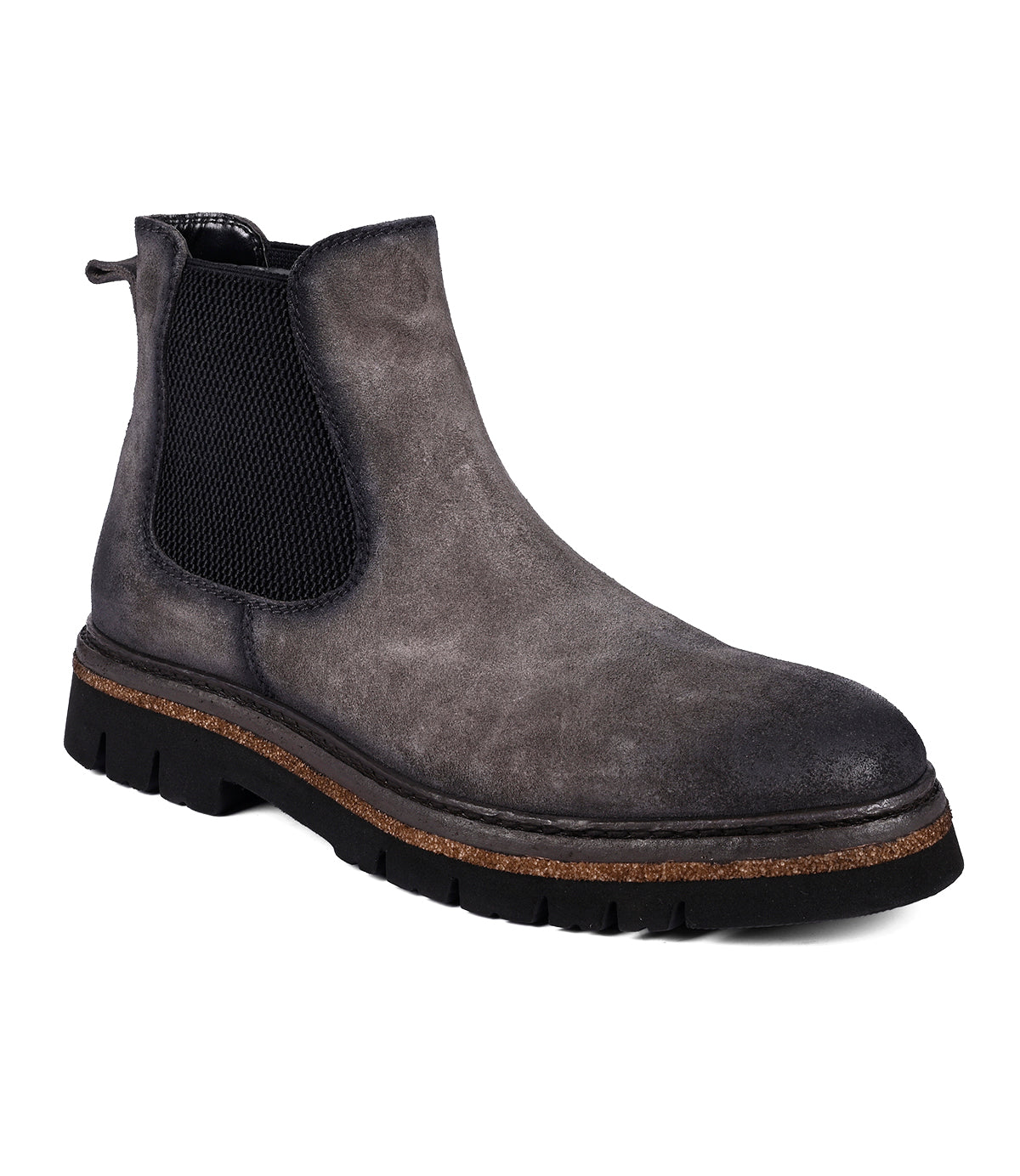 
                  
                    The Roan Defy is a gray Chelsea boot with a black elastic side panel, thick traction-friendly rubber sole, and brown trim, featuring exquisite hand-finishing.
                  
                