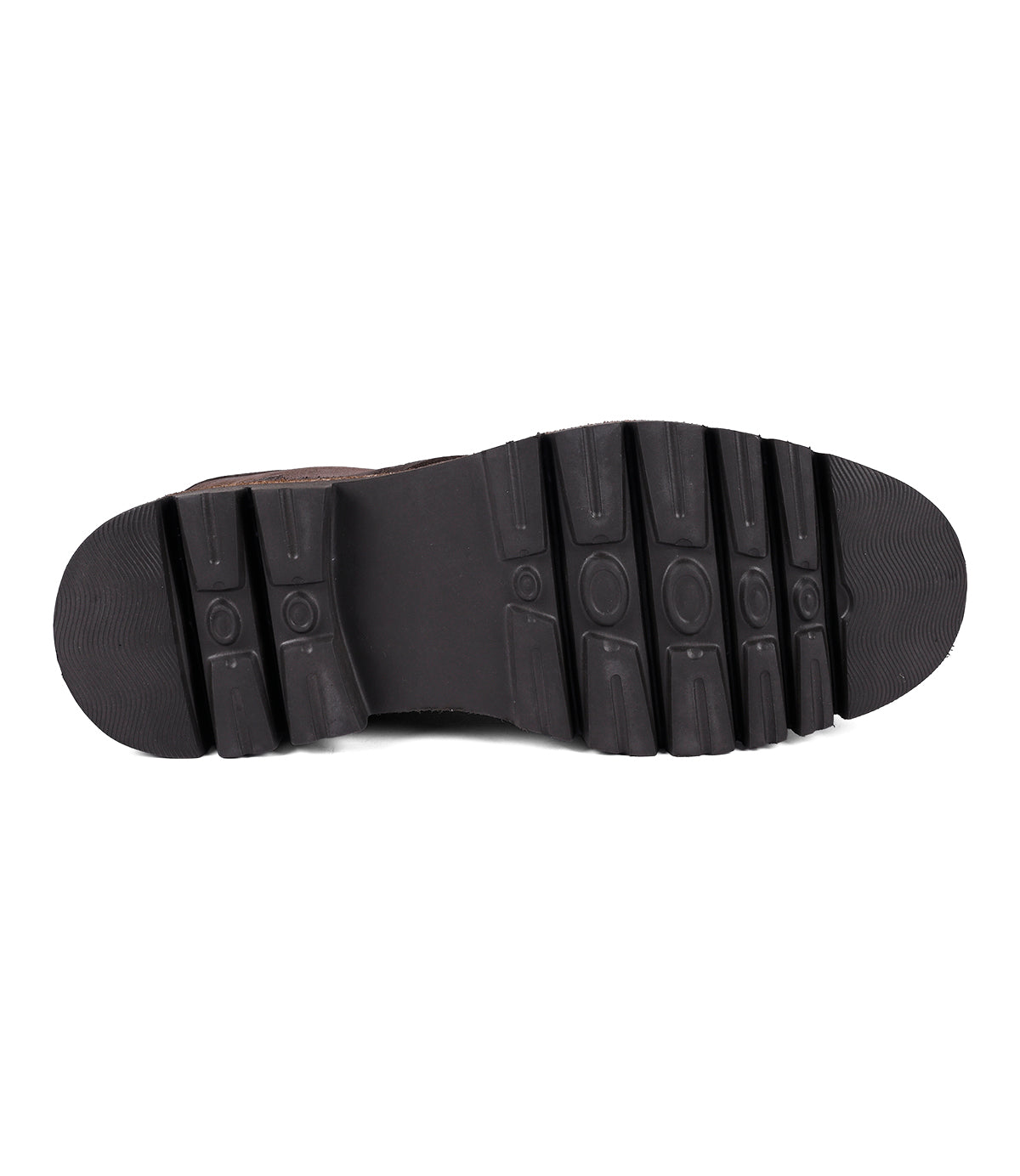 
                  
                    The image displays the black rubber sole of the suede boot called Duty by Roan, showcasing a rugged tread pattern and a flat heel.
                  
                