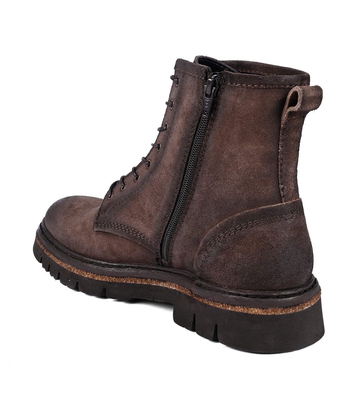 
                  
                    Introducing the Duty boot by Roan: a brown leather boot featuring a black sole, laces, side zipper, and padded insole for enhanced comfort.
                  
                