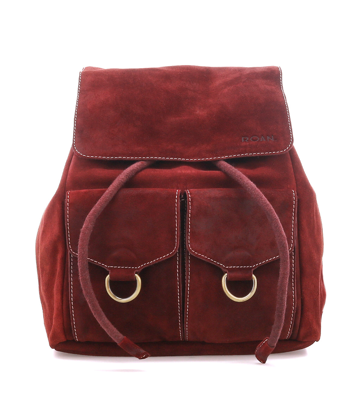 
                  
                    A red premium suede backpack named “Damstad II” by Roan, featuring two front pockets adorned with gold rings and a stylish flap closure. The brand name “Roan” is embossed on the flap, enhancing this vintage-inspired backpack’s timeless appeal.
                  
                