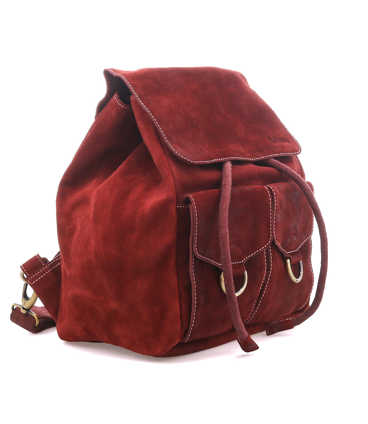 
                  
                    The Damstad II by Roan is a vintage-inspired red suede backpack featuring a flap and drawstring closure, front pockets, and adjustable straps, shown against a plain white background.
                  
                