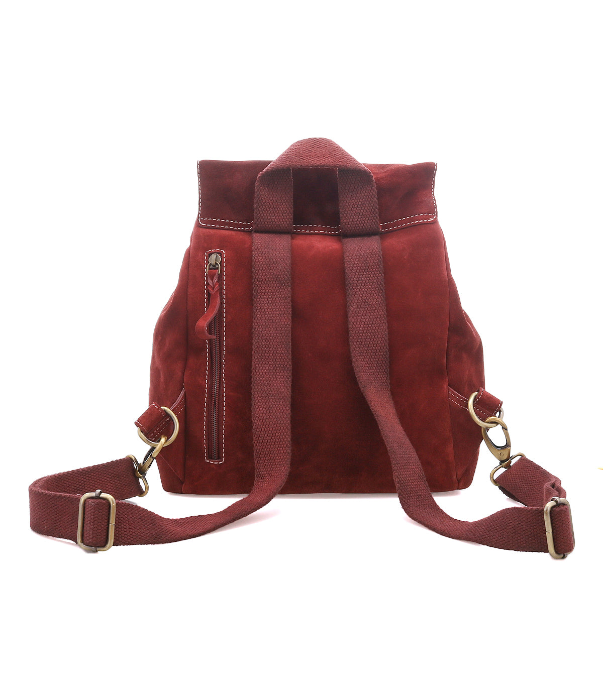
                  
                    The Roan Damstad II is a red premium suede backpack with adjustable straps and a side zipper pocket, featuring a classic drawstring closure, shown from the back against a white background.
                  
                