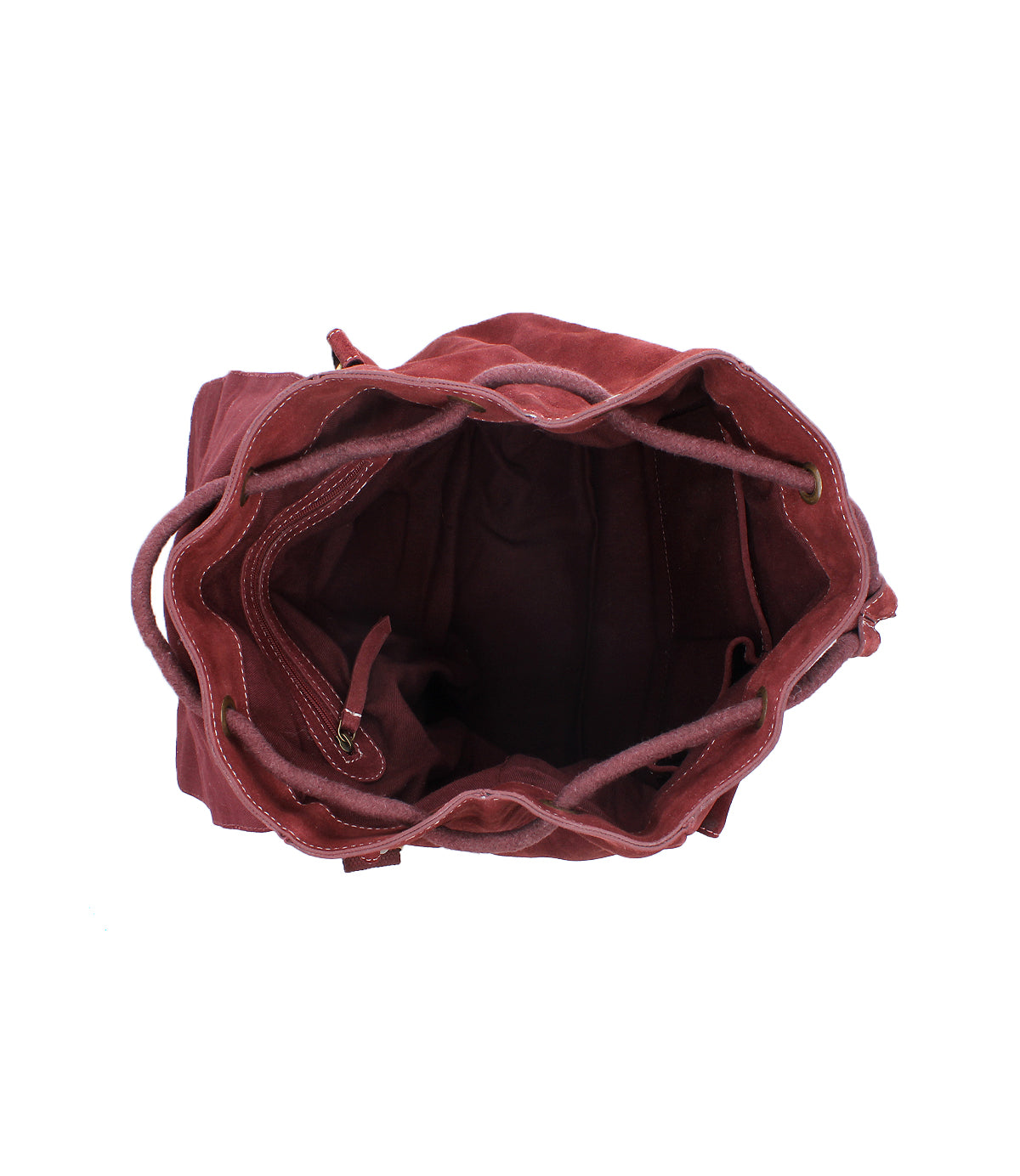 
                  
                    Top view of the Roan Damstad II premium suede backpack in rich maroon, showcasing a classic drawstring closure, detailed stitching, and an empty interior.
                  
                