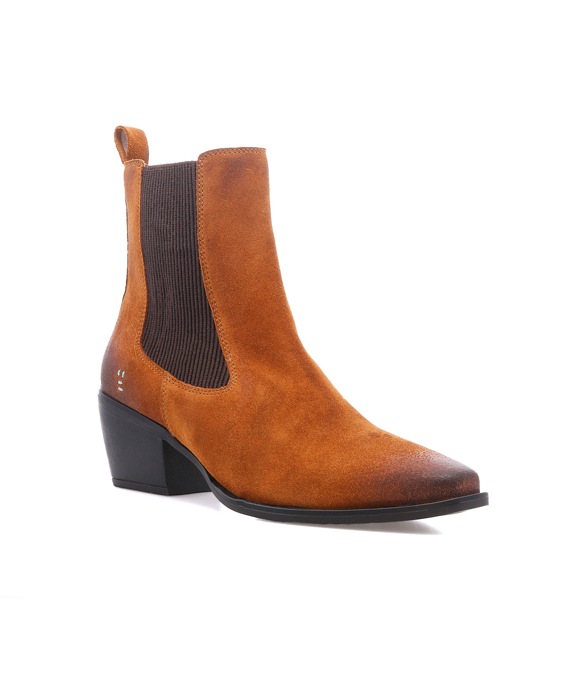 
                  
                    The Roan Dialgoue is a brown suede ankle boot featuring a low block heel, pointed toe, pull tab, and elastic side panel in a Chelsea-inspired design, shown photographed on a white background.
                  
                