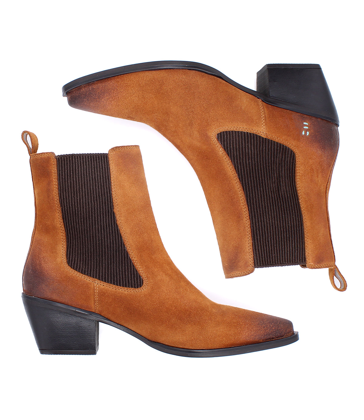 
                  
                    A pair of Roan Dialgoue brown suede Chelsea-inspired boots with black elastic side panels, loop tabs, and chunky block heels, displayed against a white background.
                  
                