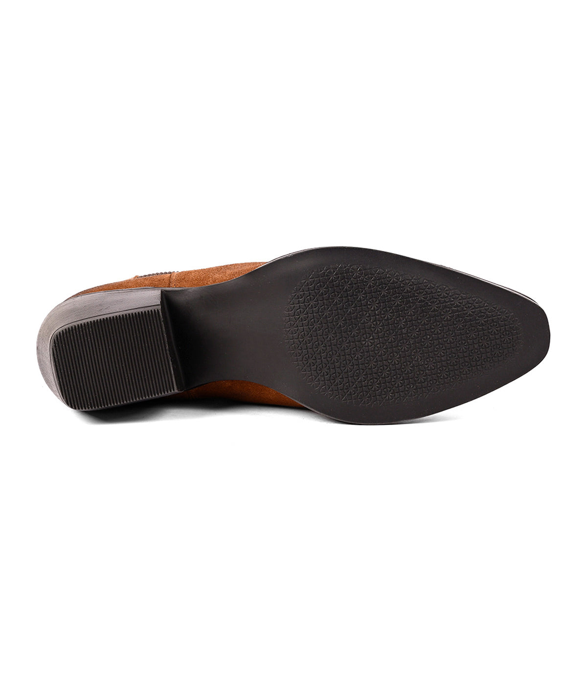 
                  
                    The image displays the bottom view of the Roan Dialgoue boot, a Chelsea-inspired design in brown suede featuring a black rubber sole, a low block heel, and a visible tread pattern.
                  
                