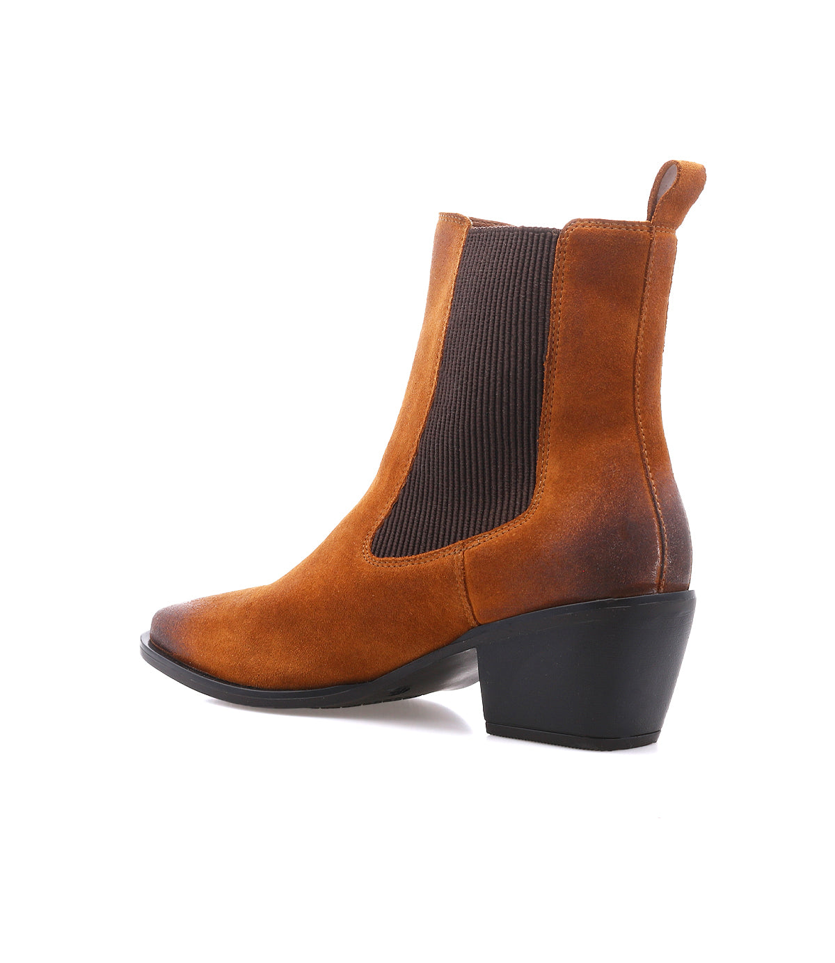 
                  
                    Roan “Dialgoue” brown suede ankle boot featuring a black block heel, rounded toe, and Chelsea-inspired stretchy side panel, shown on a white background.
                  
                
