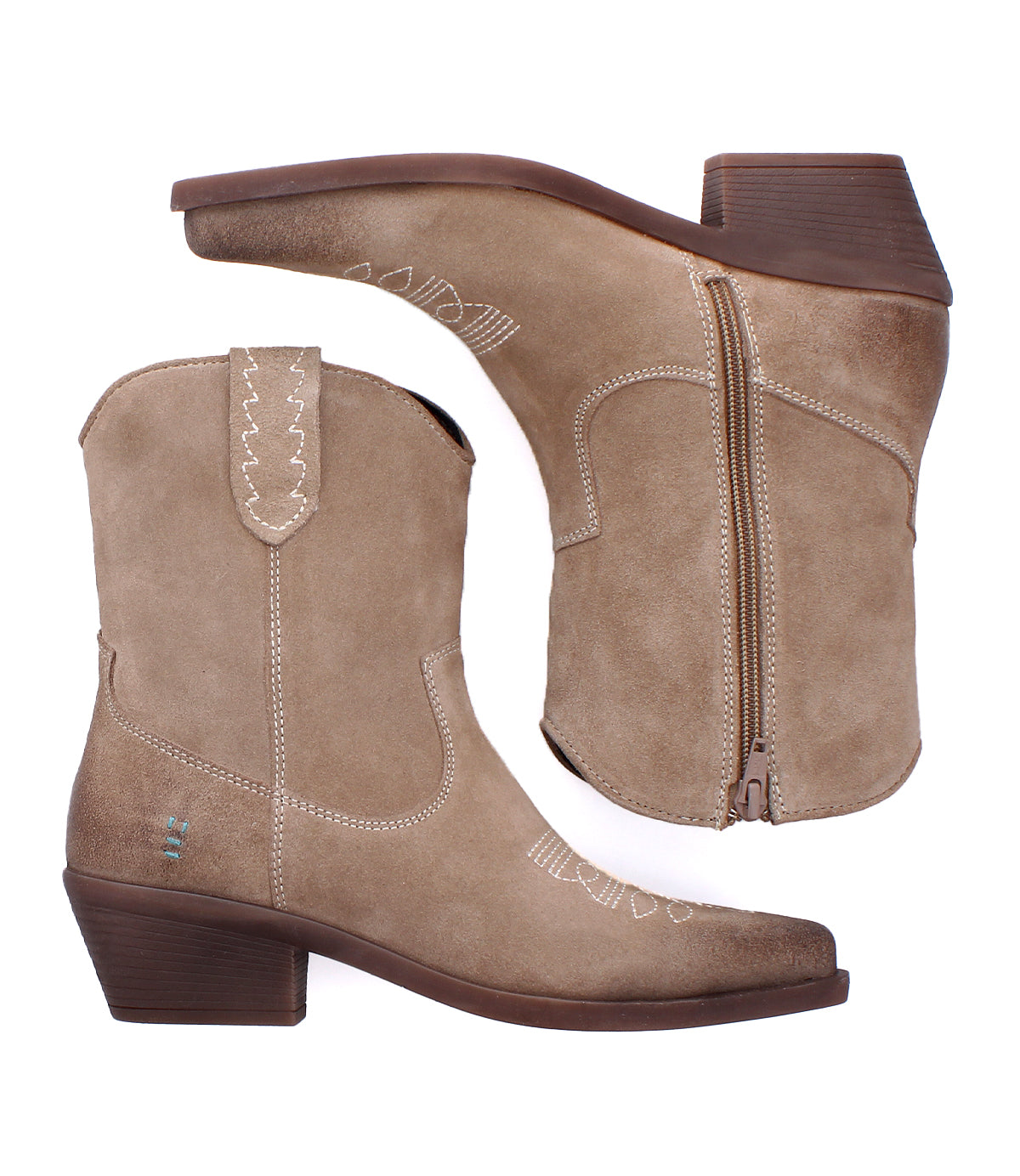 
                  
                    Sure! Here’s the revised sentence integrating your product data: The “Discussion” ankle cowboy boots by Roan are crafted from tan soft suede, featuring a pointed toe, side zipper, decorative stitching, and low stacked heels; shown from both side and top views to showcase their classic western attitude.
                  
                