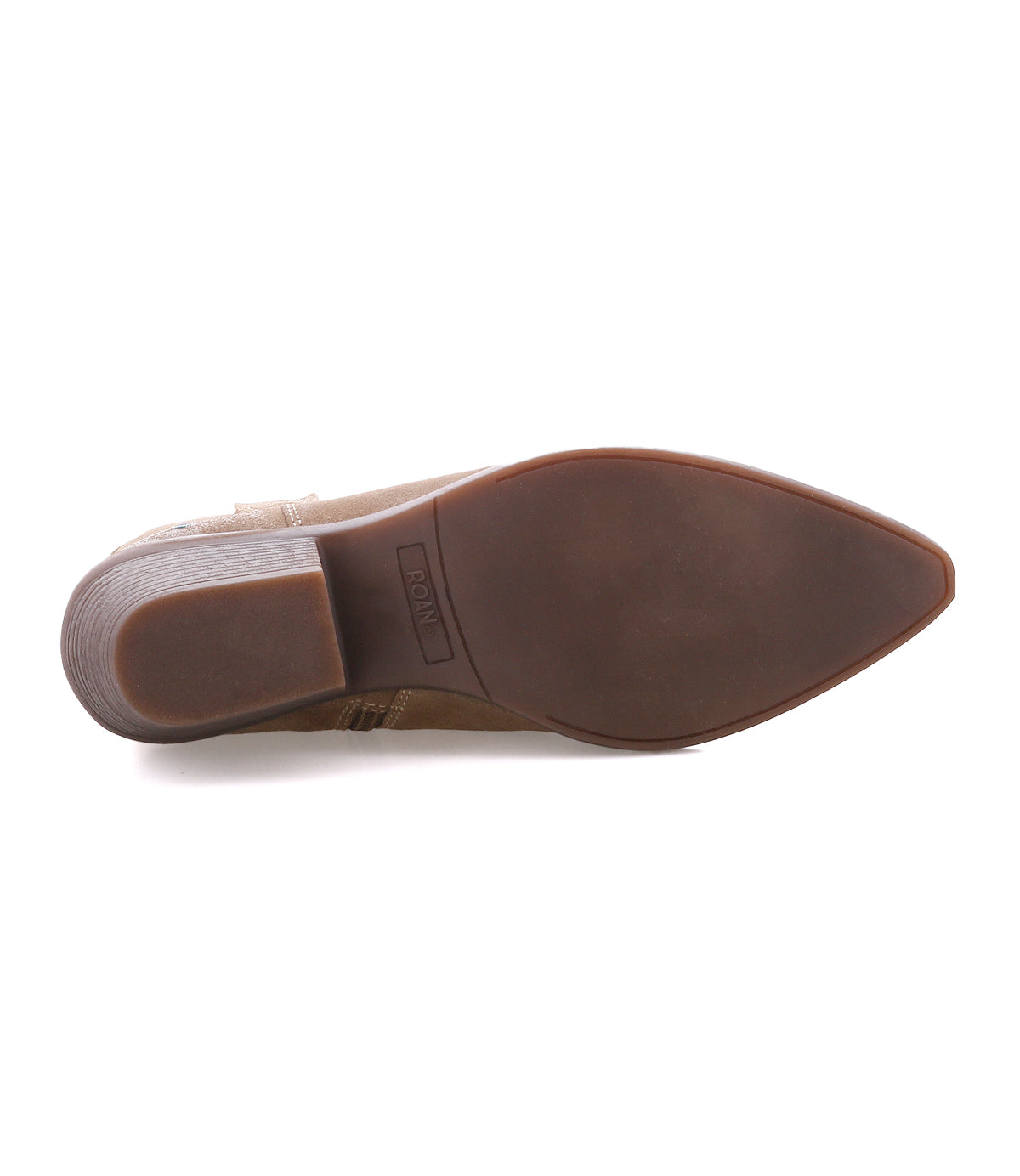 
                  
                    The image displays the bottom view of the “Discussion” dress shoe by Roan, featuring a brown pointed-toe design in soft suede and showcasing its distinctive sole and heel details.
                  
                