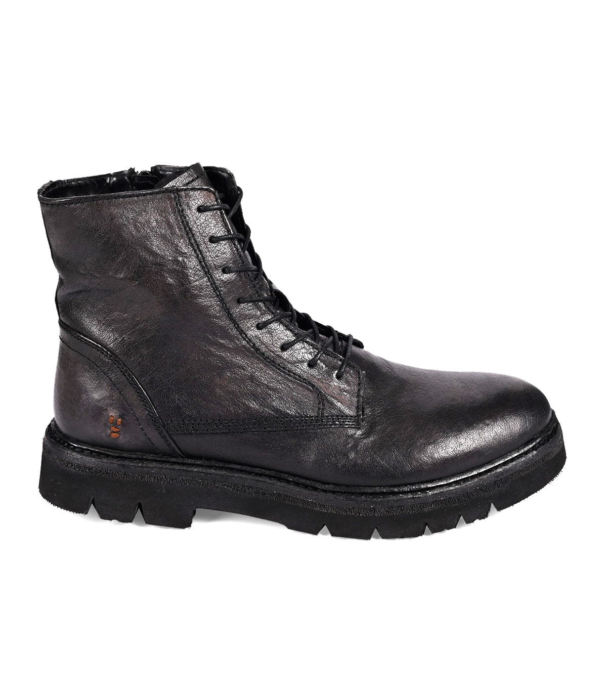 The Roan Diss is a black leather lace-up boot with a combat style, featuring a thick EVA outsole, visible stitching, and a convenient medial zipper for easy wear.