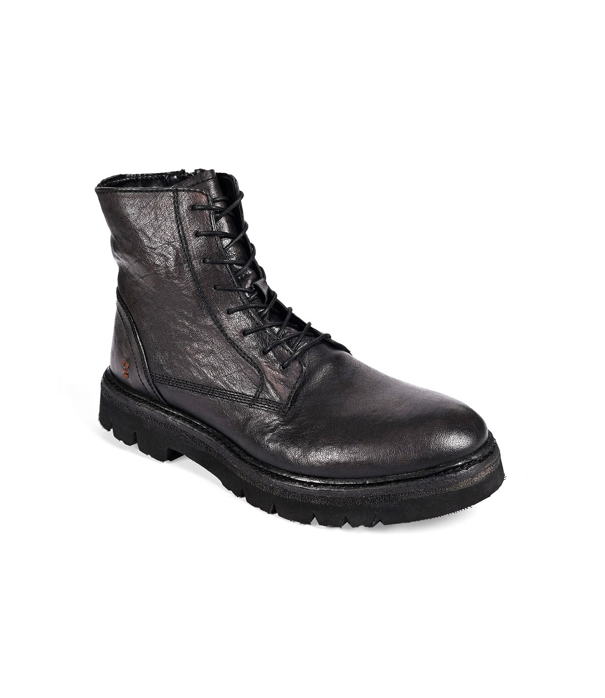
                  
                    Roan's Diss boot, made from black leather, features a combat style with a rugged EVA outsole and a textured finish, displayed from a side angle.
                  
                
