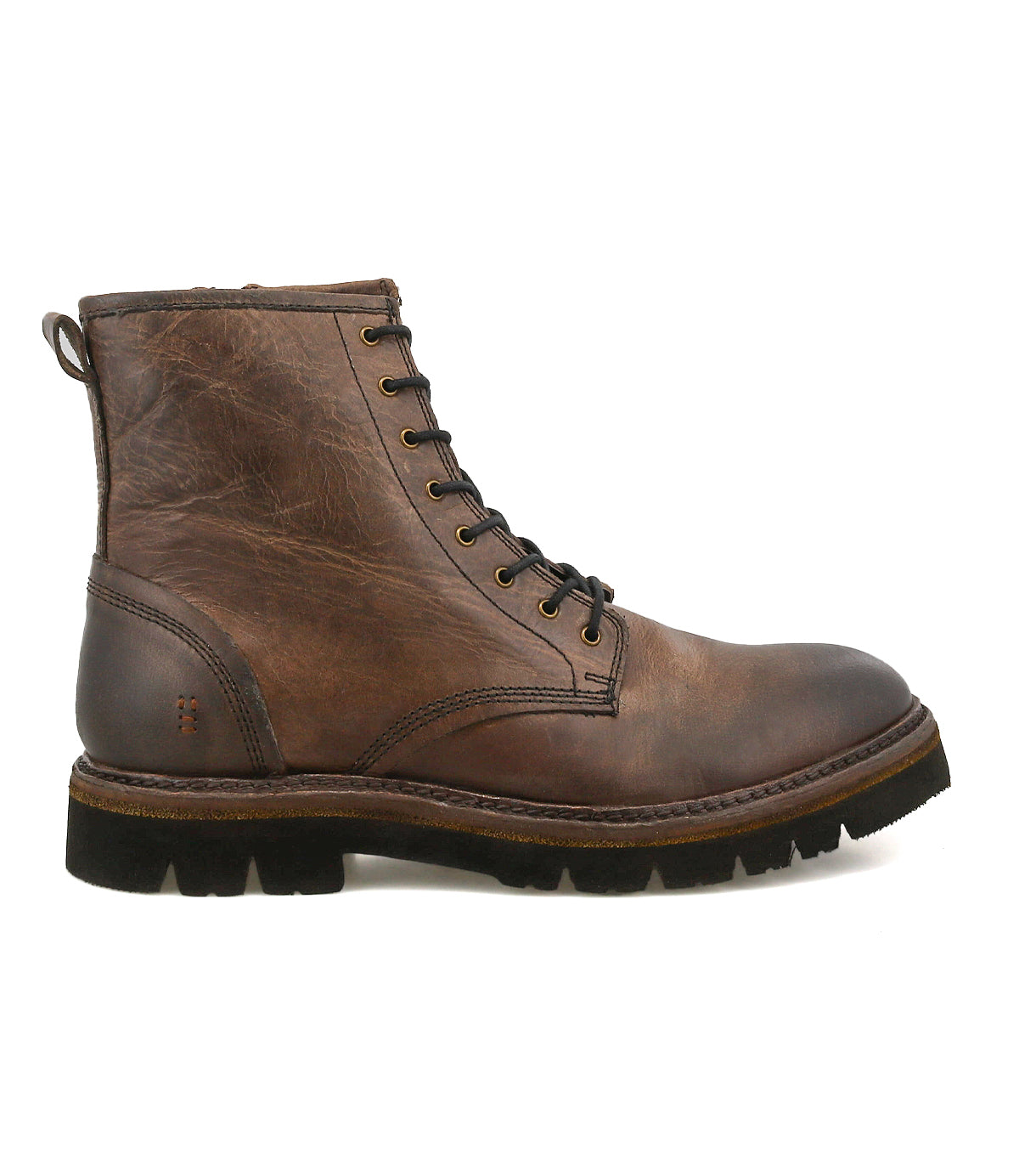 
                  
                    The Roan Duty is a brown leather lace-up boot with black laces, gold eyelets, a heel pull tab, side zipper, padded insole, and thick black rubber sole, displayed in side profile.
                  
                