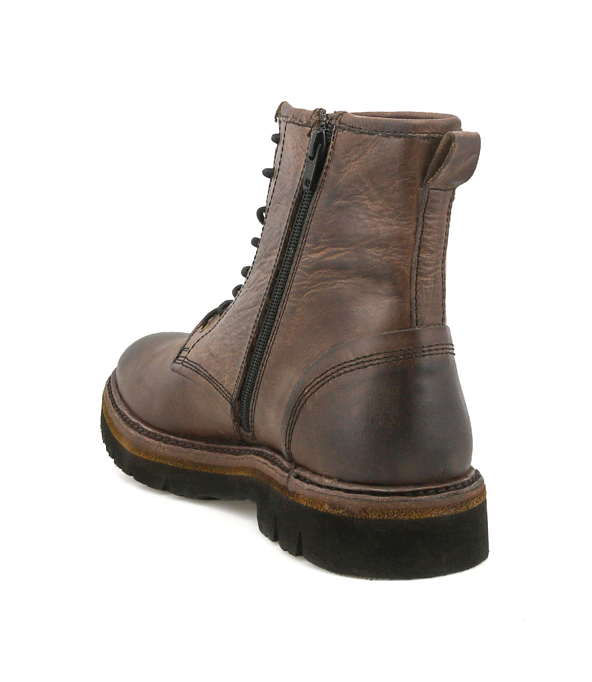 
                  
                    The Roan Duty boot features brown leather, lace-up front, side zipper, padded insole, dark sole, and visible stitching. Shown from the back left angle.
                  
                